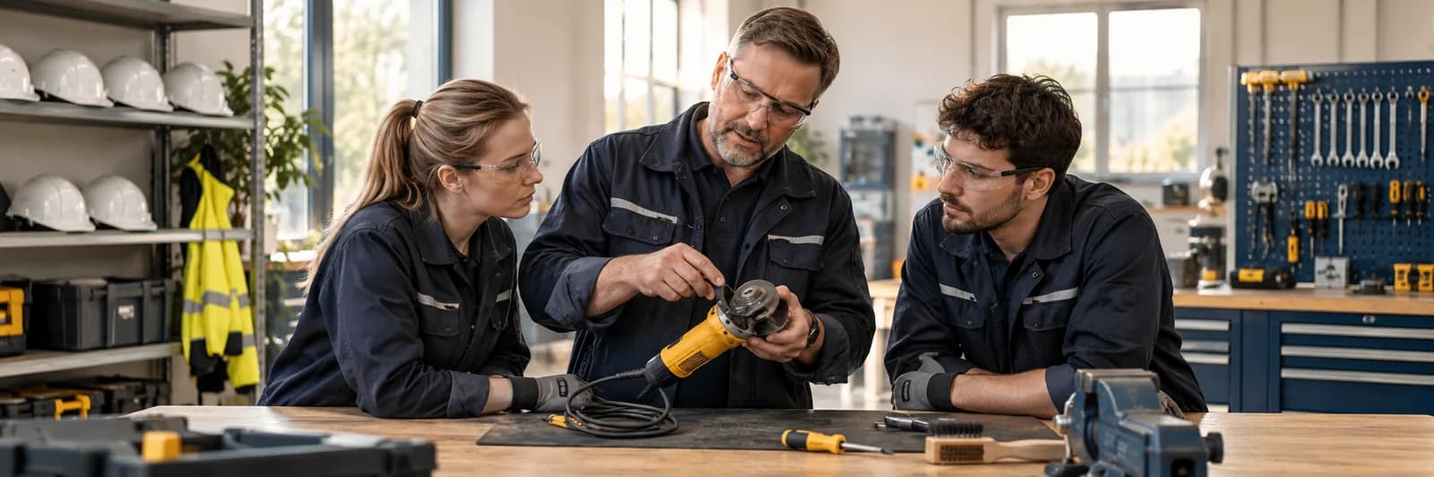 Praktische Unterweisung zur Prüfung eines Arbeitsgeräts.