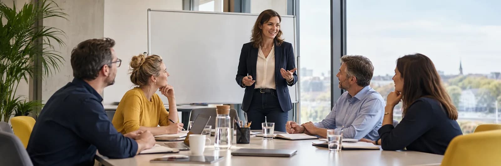 Interaktives Firmenseminar in einem hellen Besprechungsraum.